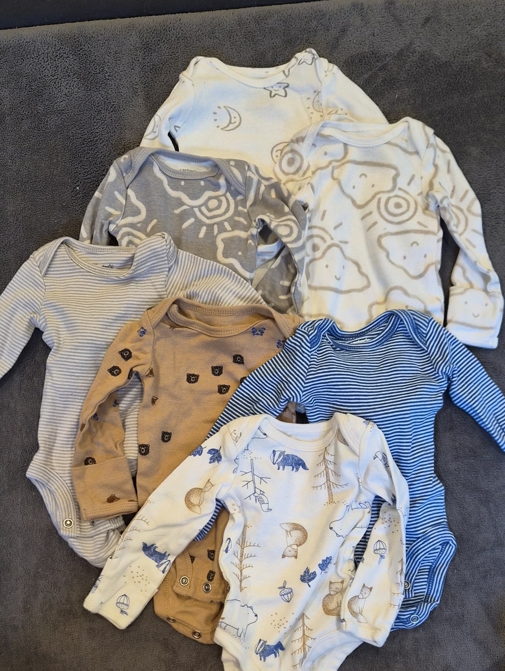 Baby Long-Sleeve Cotton One-Pieces in Blue, Gray, Tan and White - Pack
